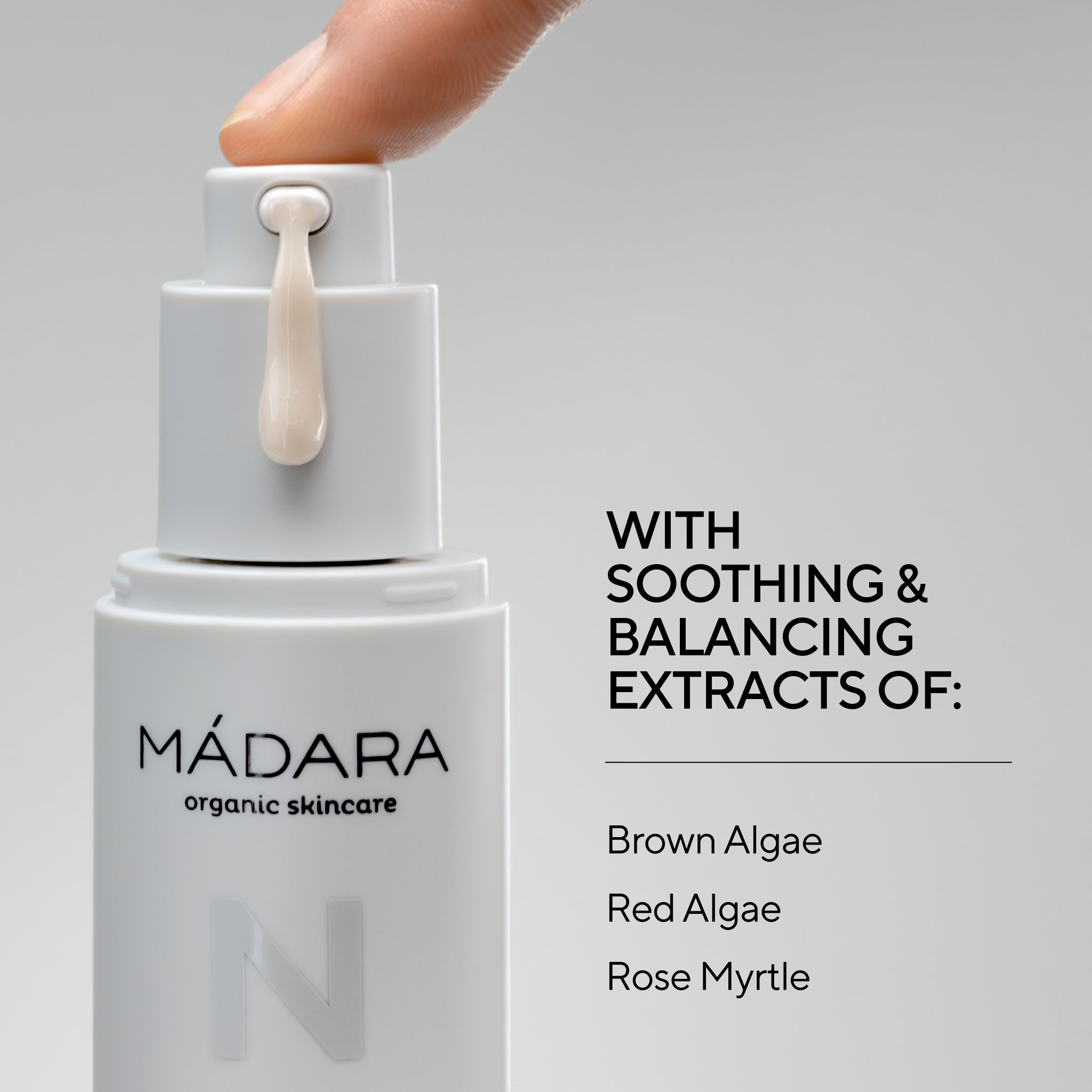 30ml pump bottle of Madara Cosmetics Niacinamide Alternative Serum for face with its main ingredients listed on the right side