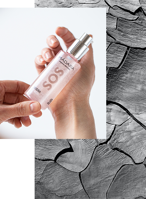 Collage of a hand holding a pink MÁDARA SOS face jelly bottle and black and white cracked earth panels