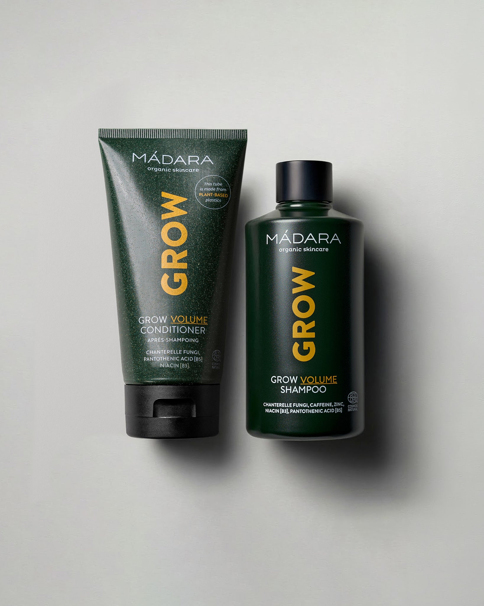 MADARA Cosmetics GROW Volume Shampoo and GROW Volume Conditioner for fuller, thicker-looking hair and scalp stimulation
