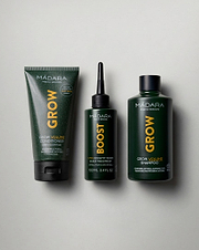 MADARA Cosmetics GROW Volume Shampoo, GROW Volume Conditioner and BOOST Scalp Treatment for fuller, stronger-looking hair growth support