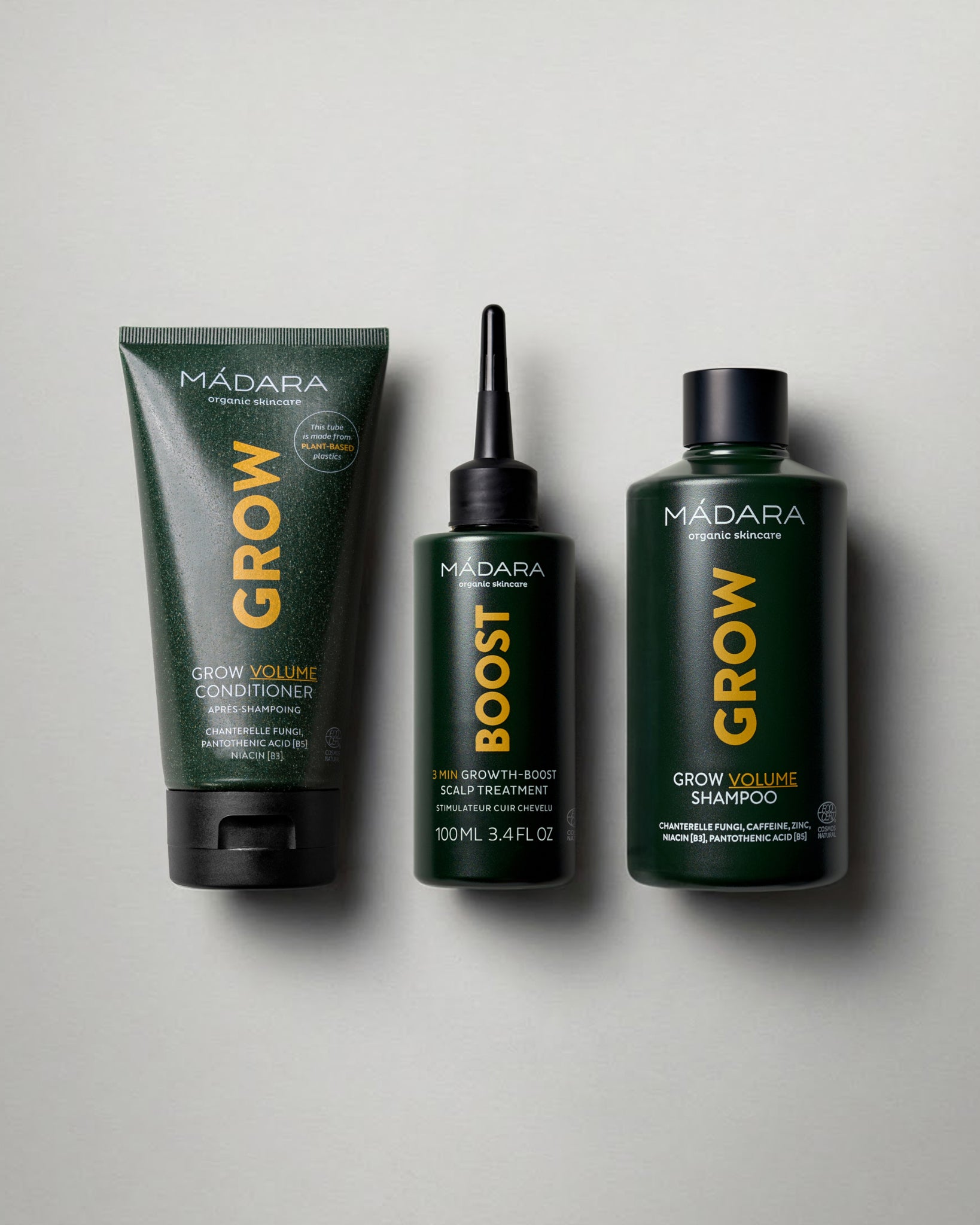 MADARA Cosmetics GROW Volume Shampoo, GROW Volume Conditioner and BOOST Scalp Treatment for fuller, stronger-looking hair growth support