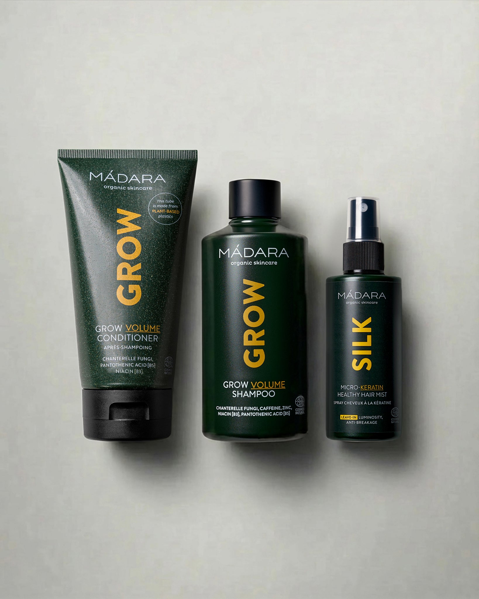 MADARA Cosmetics GROW Volume Shampoo, GROW Volume Conditioner and SILK Micro Keratin Healthy Hair Mist for stronger, fuller-looking hair