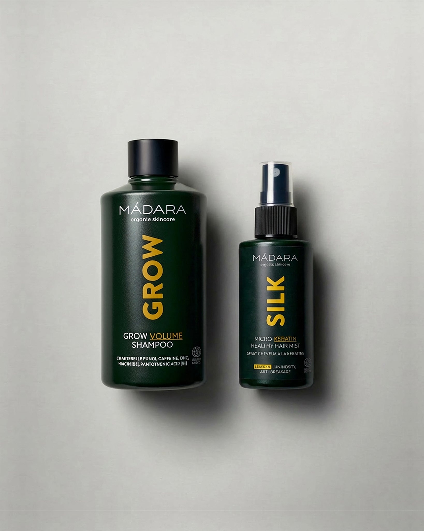 MADARA Cosmetics GROW Volume Shampoo and SILK Micro Keratin Healthy Hair Mist for stronger, fuller-looking hair and anti-breakage protection