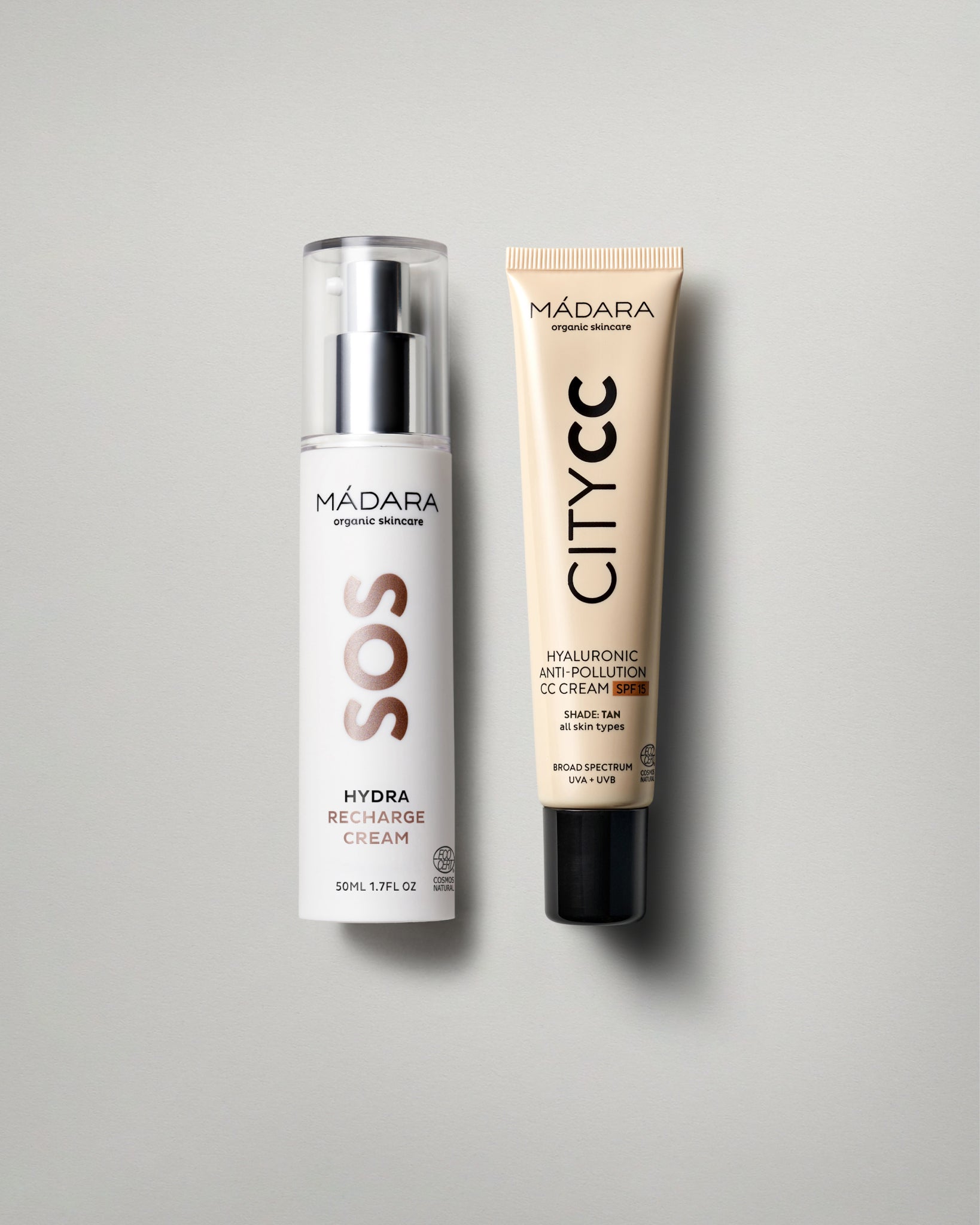 Two skincare products from Mádara on a light gray background