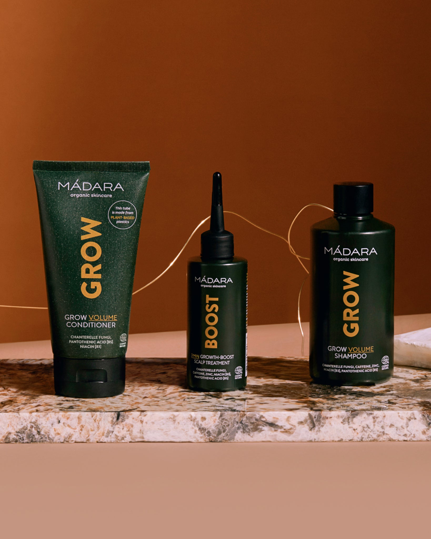 MADARA Cosmetics GROW Volume Shampoo, GROW Volume Conditioner and BOOST Scalp Treatment for thicker, fuller-looking hair growth support