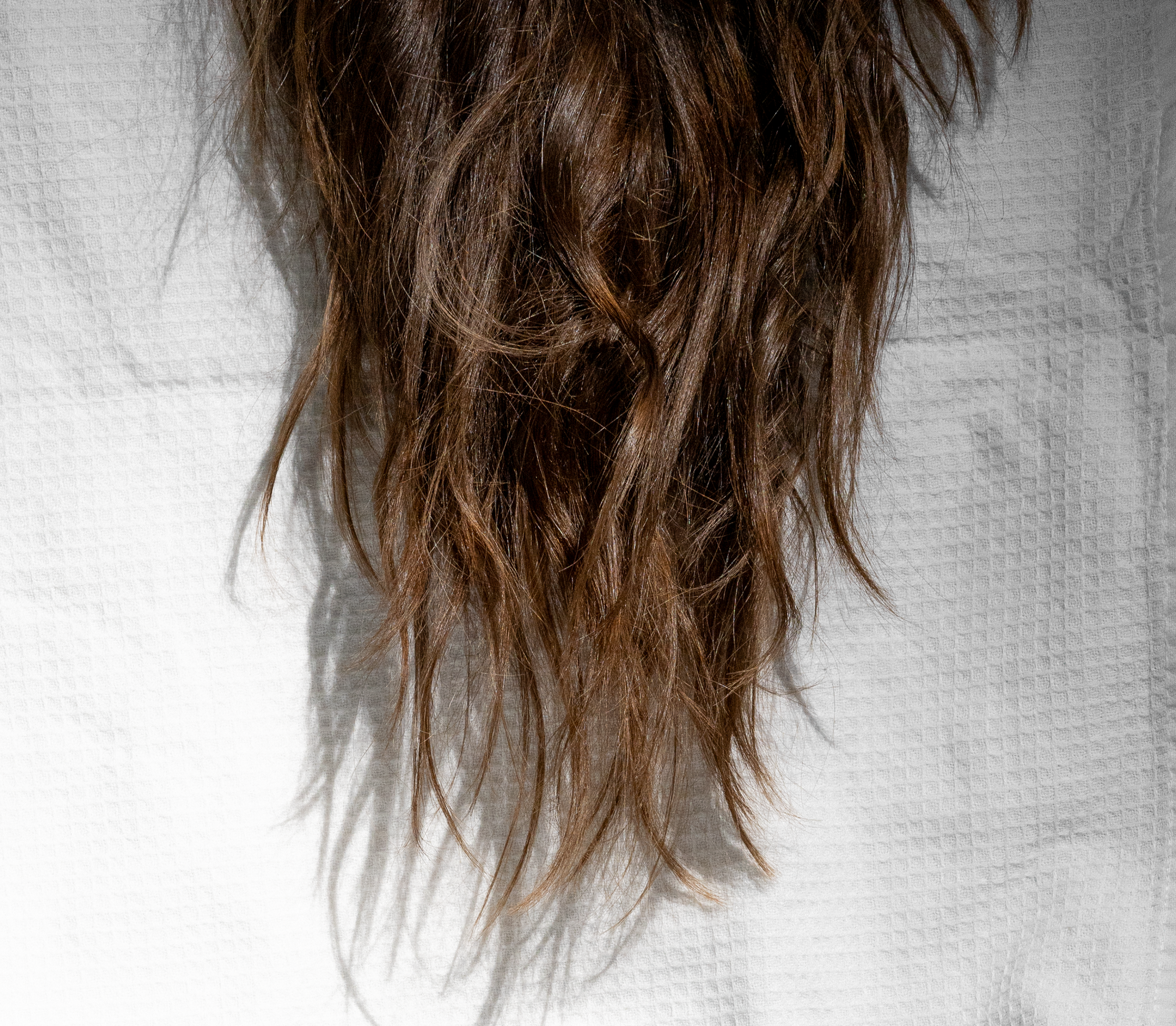 Back view of medium-length brown hair with natural texture against a light fabric background