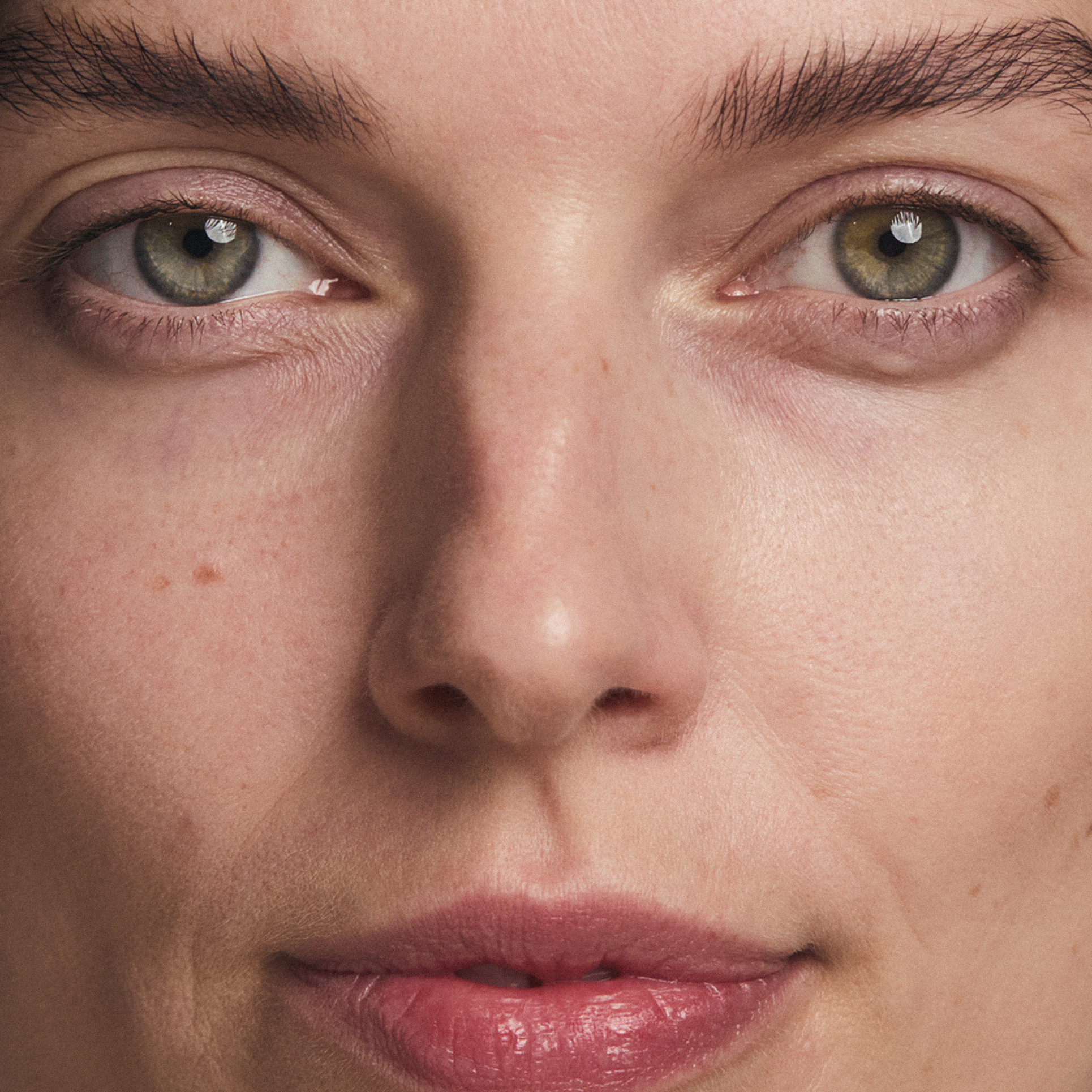 Womans face after before Madara Tinted Ceramide CC Stick SPF30