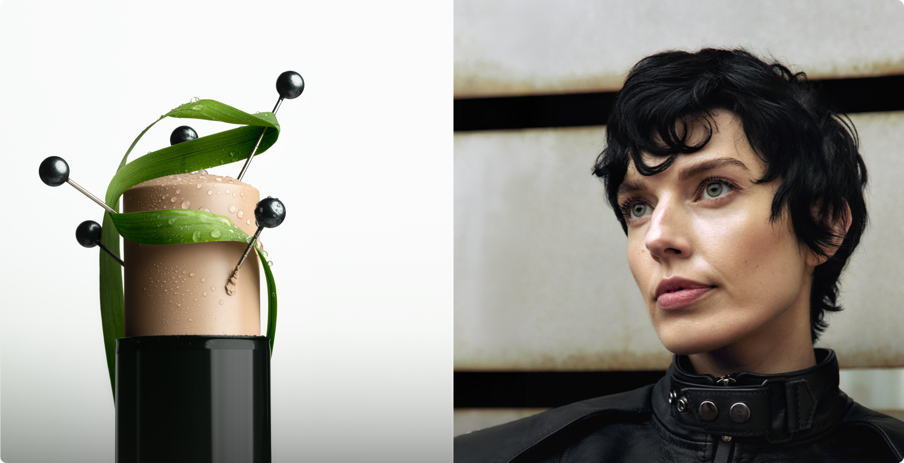 MÁDARA Tinted Ceramide CC Stick SPF30 for even skin tone next to close-up portrait of woman whose face is covered in the CC stick, creating a smooth, natural, even-toned finish