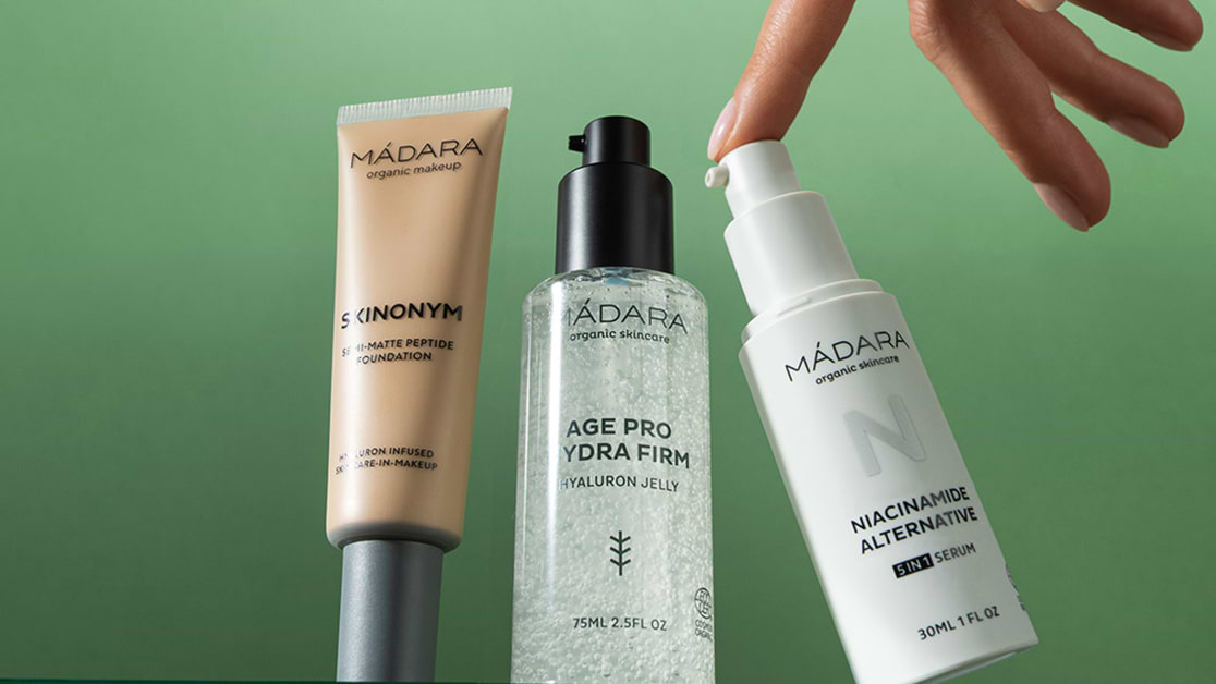 madara labās cenas promo banera bilde ar dabīgās kopjošās kosmētikas produktiem