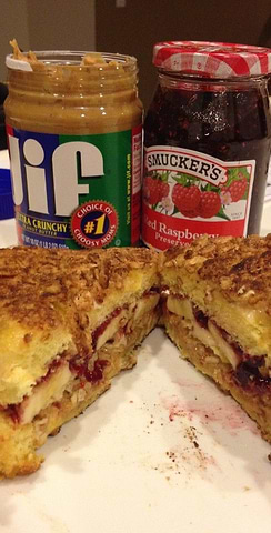 fried pb&j with banana in cereal crusted sandwich