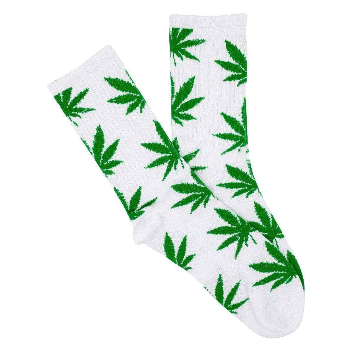 white Stylish two-piece adult socks with a clean look and funky green weed leaf design