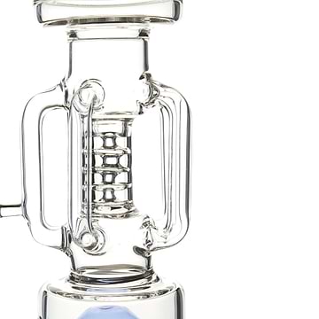 Middle section closeup shot of the percolator of a 22-inch clear glass bong smoking device with blue accents