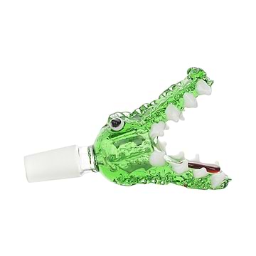 Dope male glass bowl smoking accessory sculpted face of a crocodile wide mouth large teeth and eyes