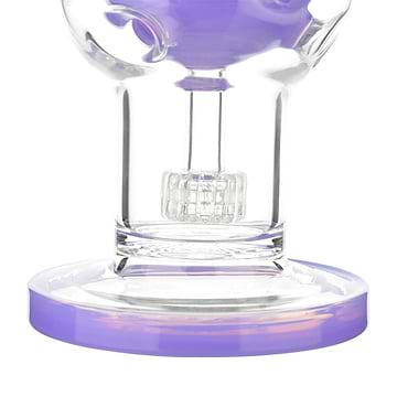 Bottom shot of the clear matrix percolator and purple base of an 11-inch clear glass bong smoking device