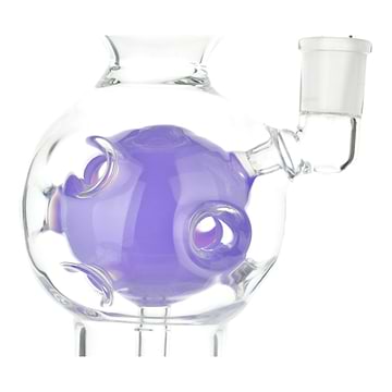 Middle section shot of purple asteroid-shape percolator and bowl of an 11-inch clear glass bong smoking device