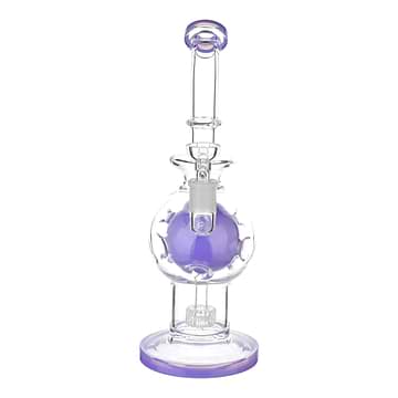 Full body frontal shot of 11-inch clear glass bong smoking device purple accents asteroid round perc sturdy base