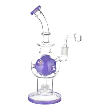 Full front shot of 11 inch glass dab rig purple accents asteroid shape perc mouthpiece on left banger on right