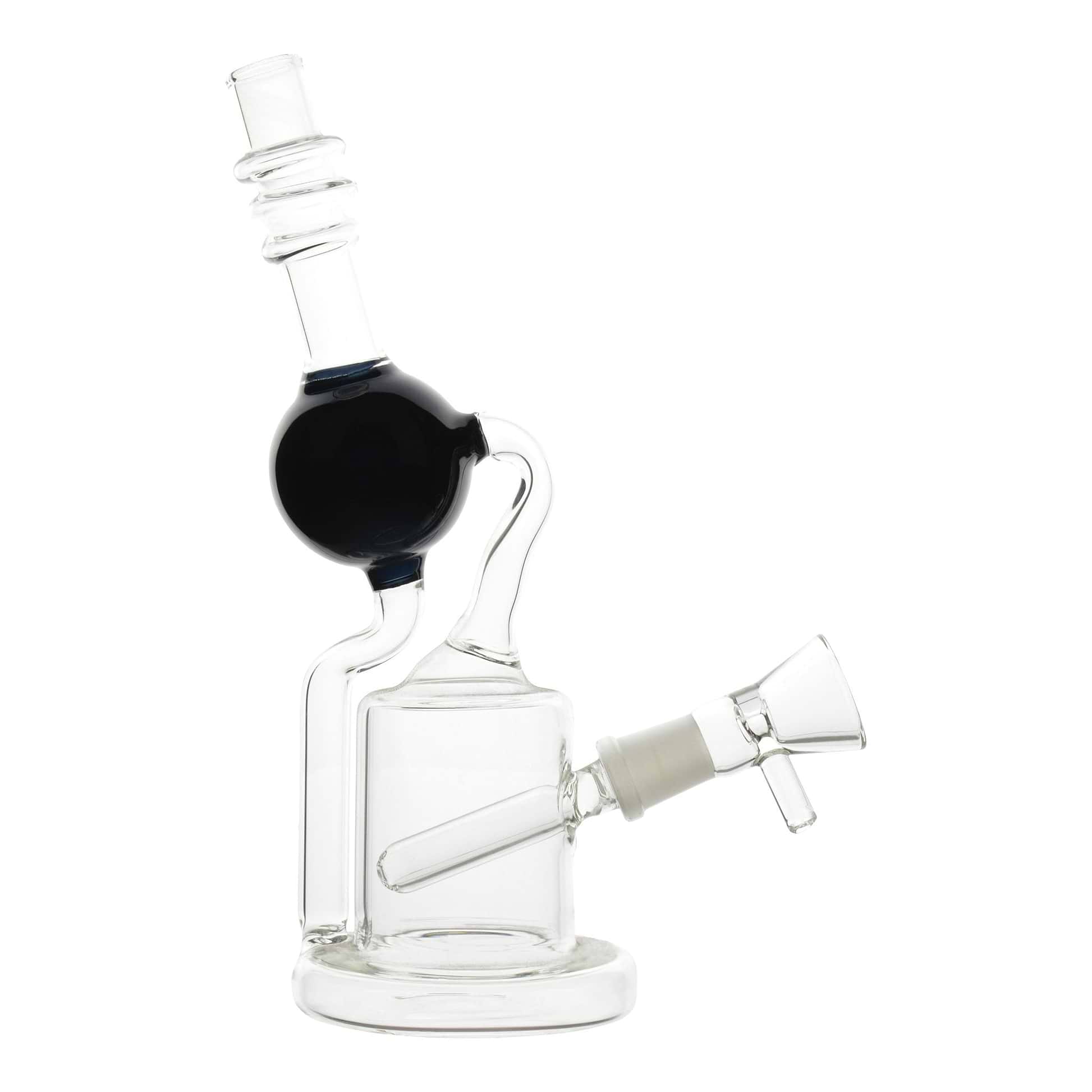 Full body shot of 9-inch glass black hole inspired bong smoking device black accents mouthpiece tilted left