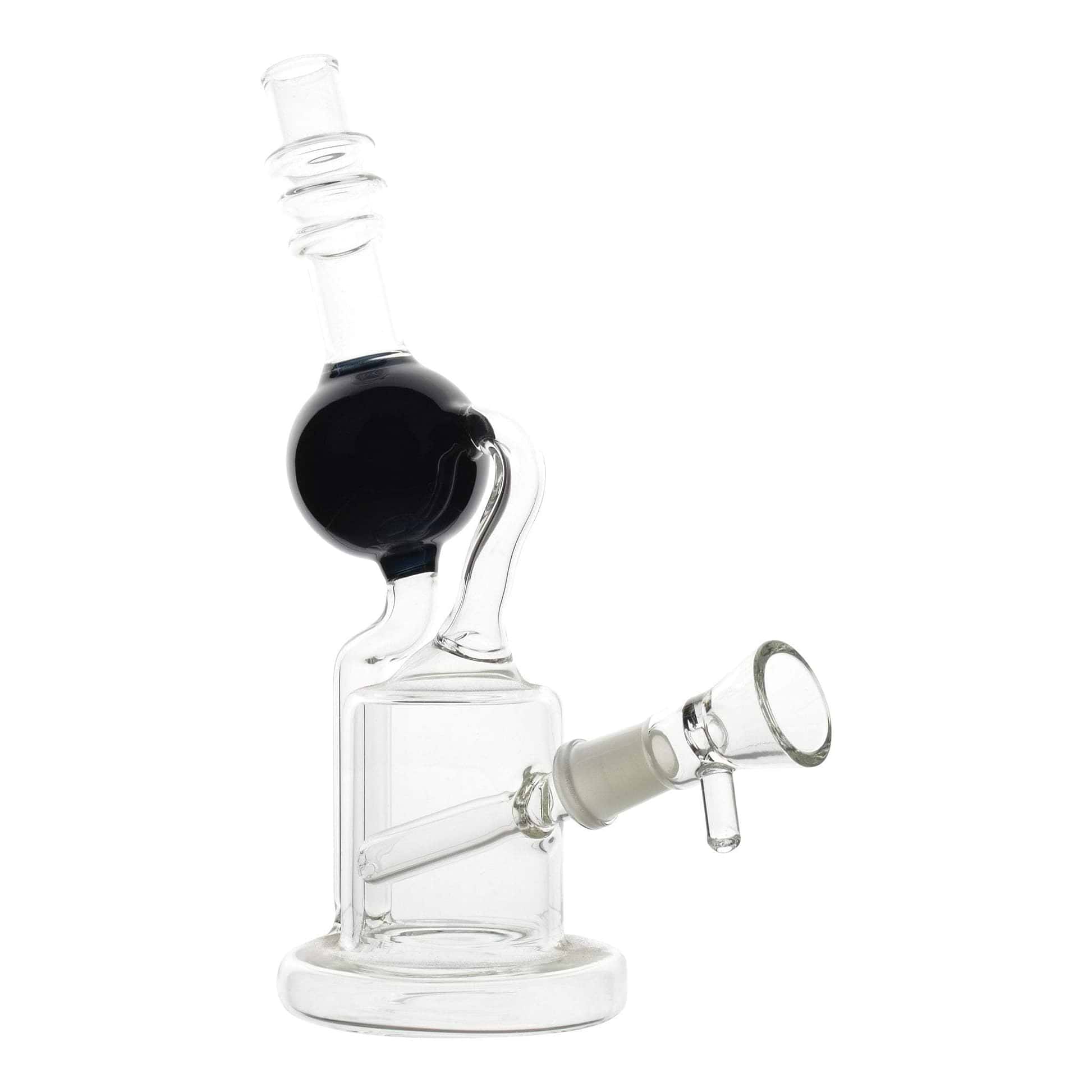 Full body shot of 9-inch glass black hole inspired bong black accents mouthpiece tilted left bowl opening visible 
