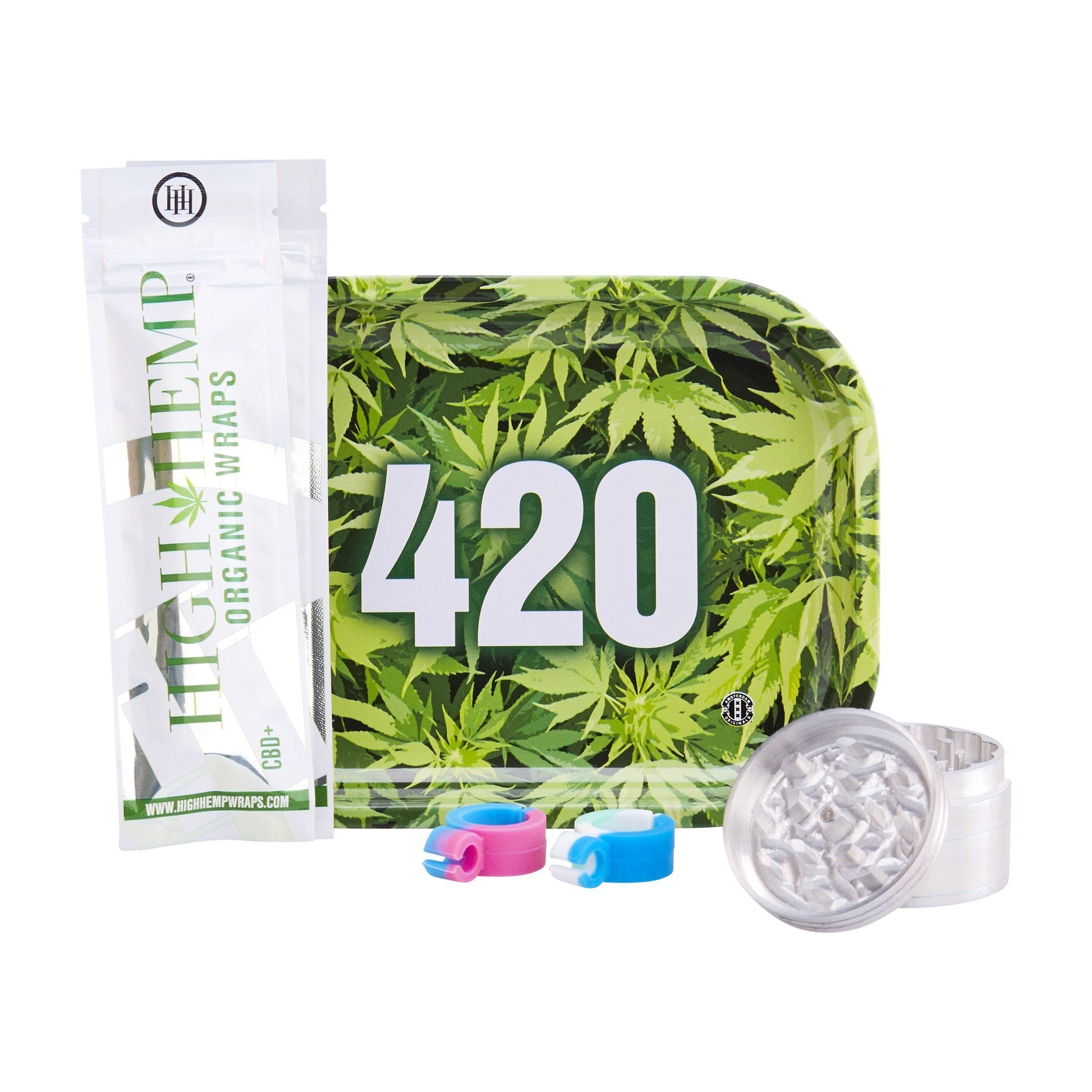 Set of smoking accessories 420 tray weed leaf design, high hemp, organic wraps, grinder, silicone cap fun colors