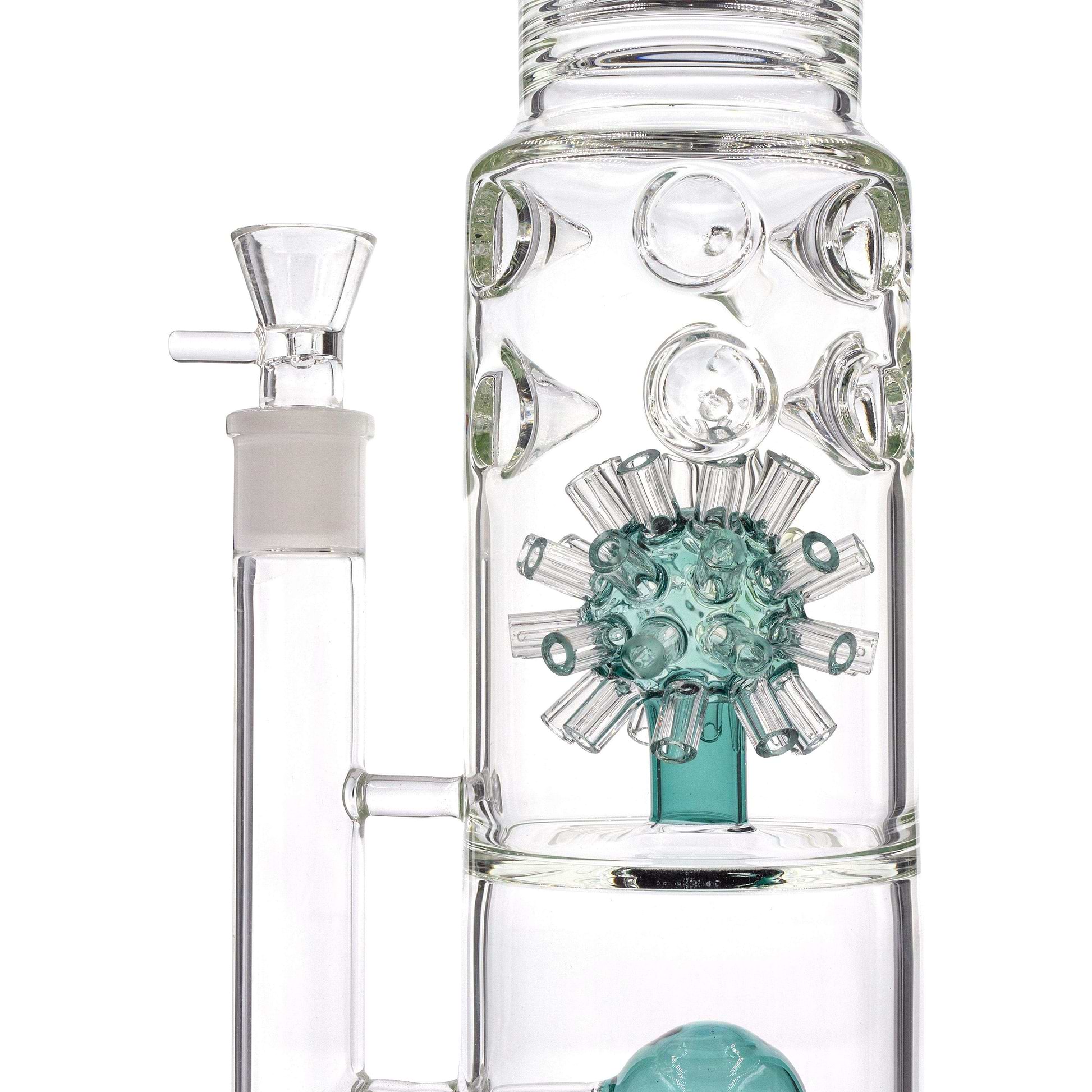 Teal Huge 19-inch glass bong close up on 2 percs unique diffision morning star perc