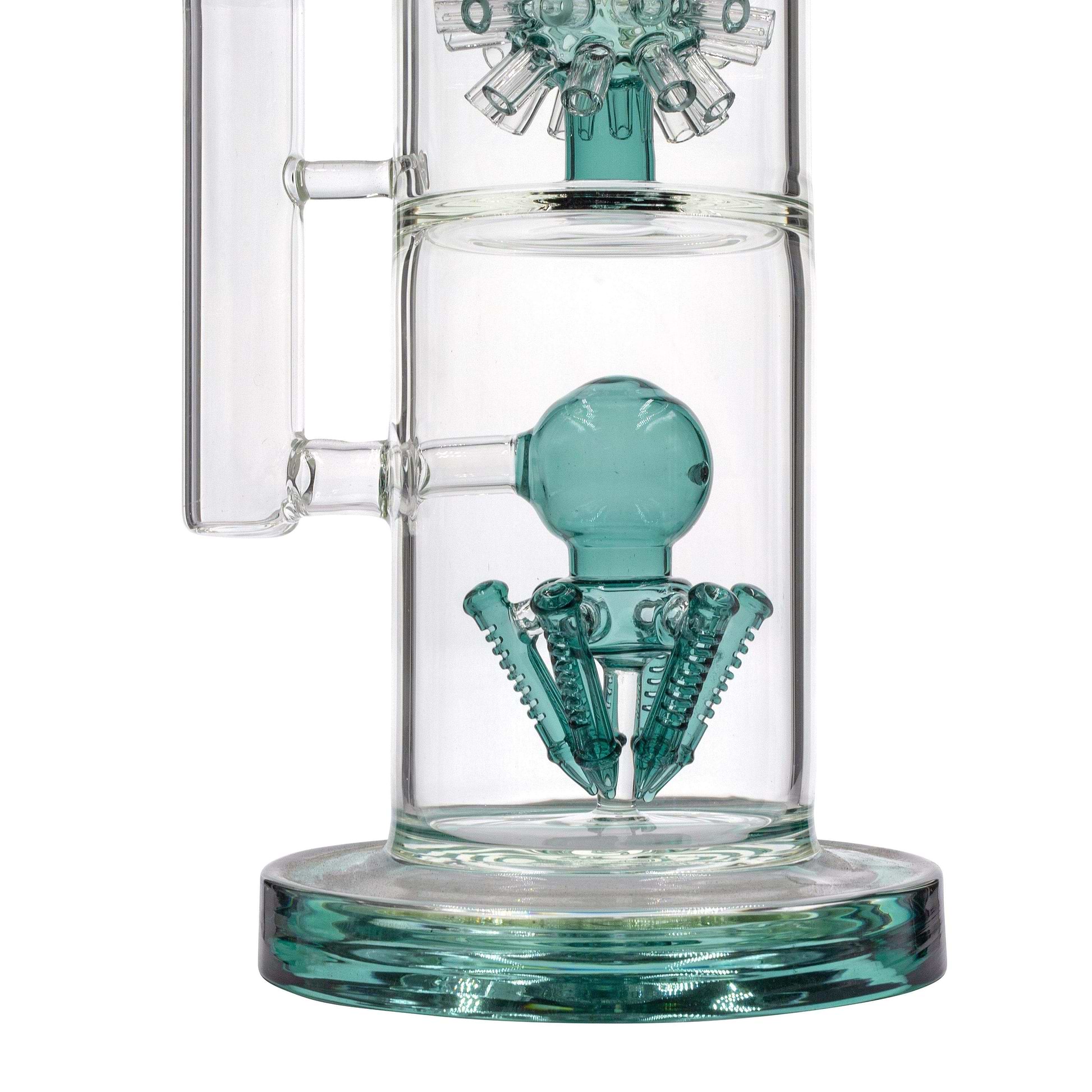 Teal Huge 19-inch glass bong close up on with 2 percs unique diffision morning star perc unique design sturdy base