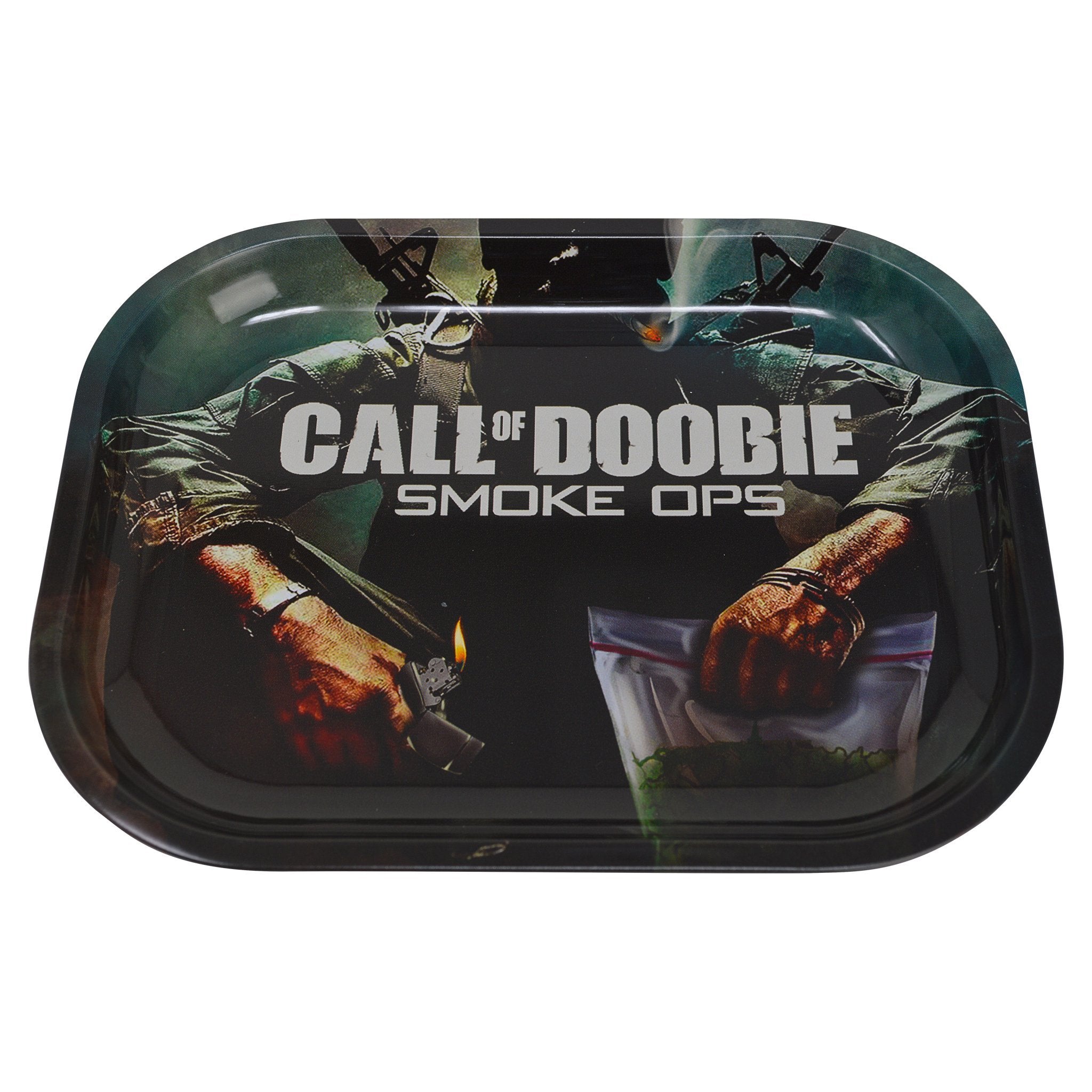 Handy rolling tray smoking accessory Call of Duty video game themed soldier holding weed lighter design