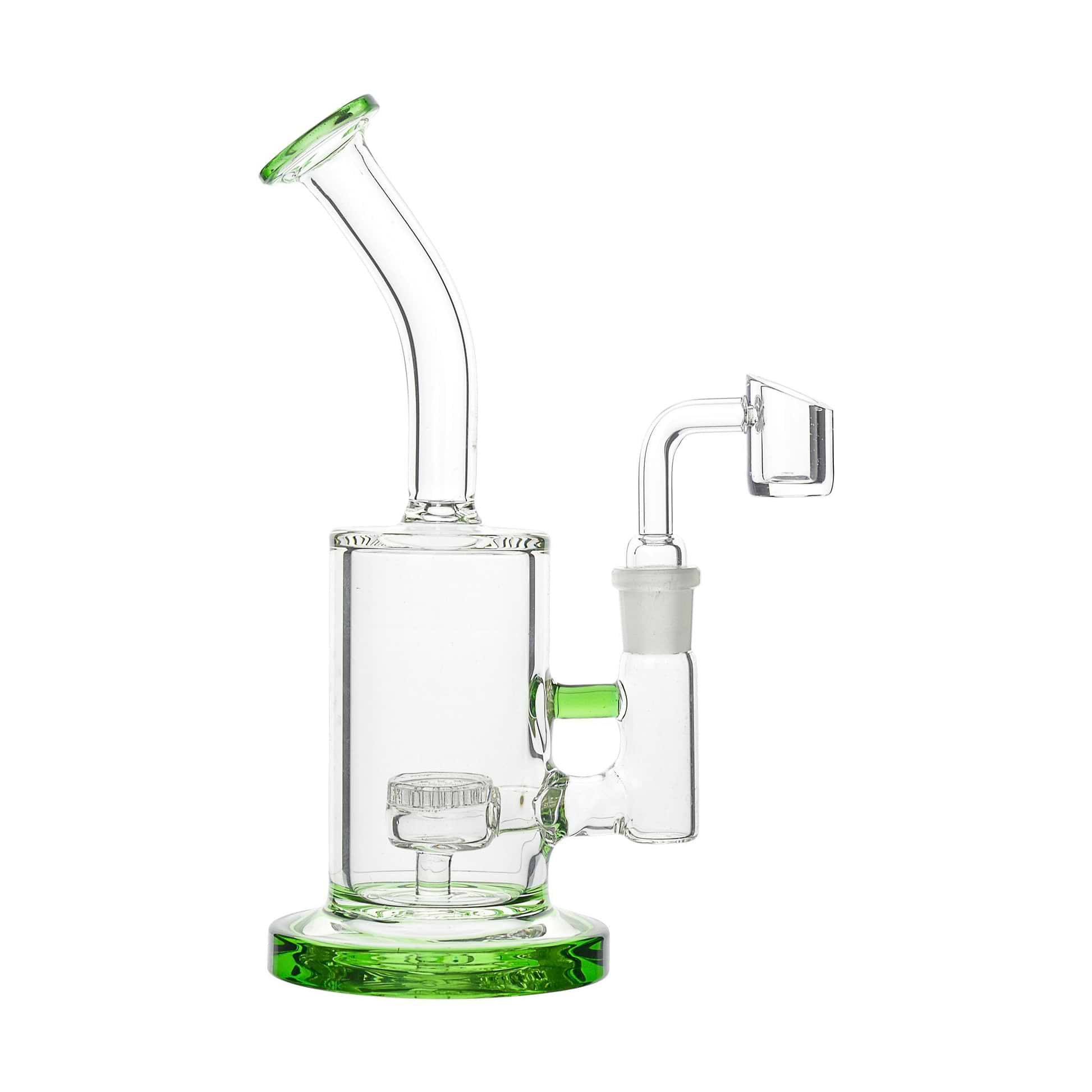 Full shot 8-inch glass honeycomb dab rig smoking device green accents banger facing right mouthpiece facing left