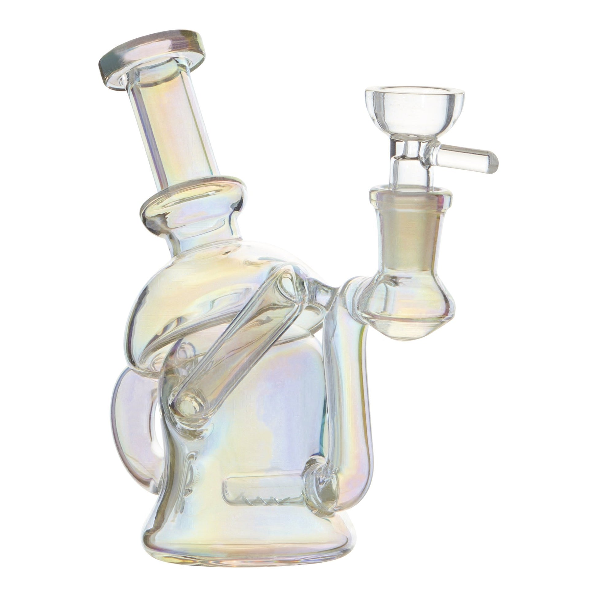 Slightly frontal full shot of 6-inch glass multichambered rainbow color bong smoking device mouthpiece facing left