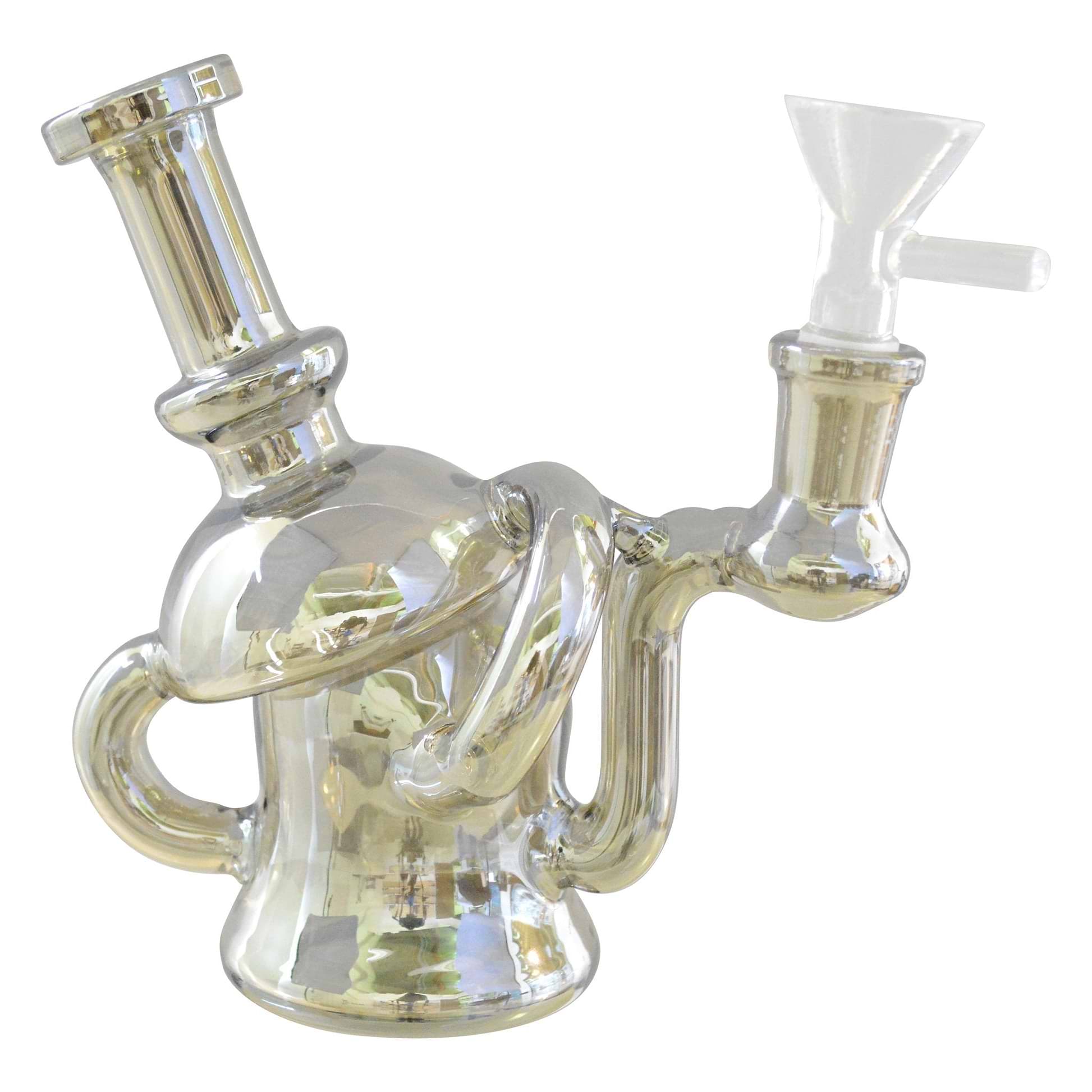 Full body shot of 6-inch glass multichambered bong smoking device mouthpiece facing left in chrome color
