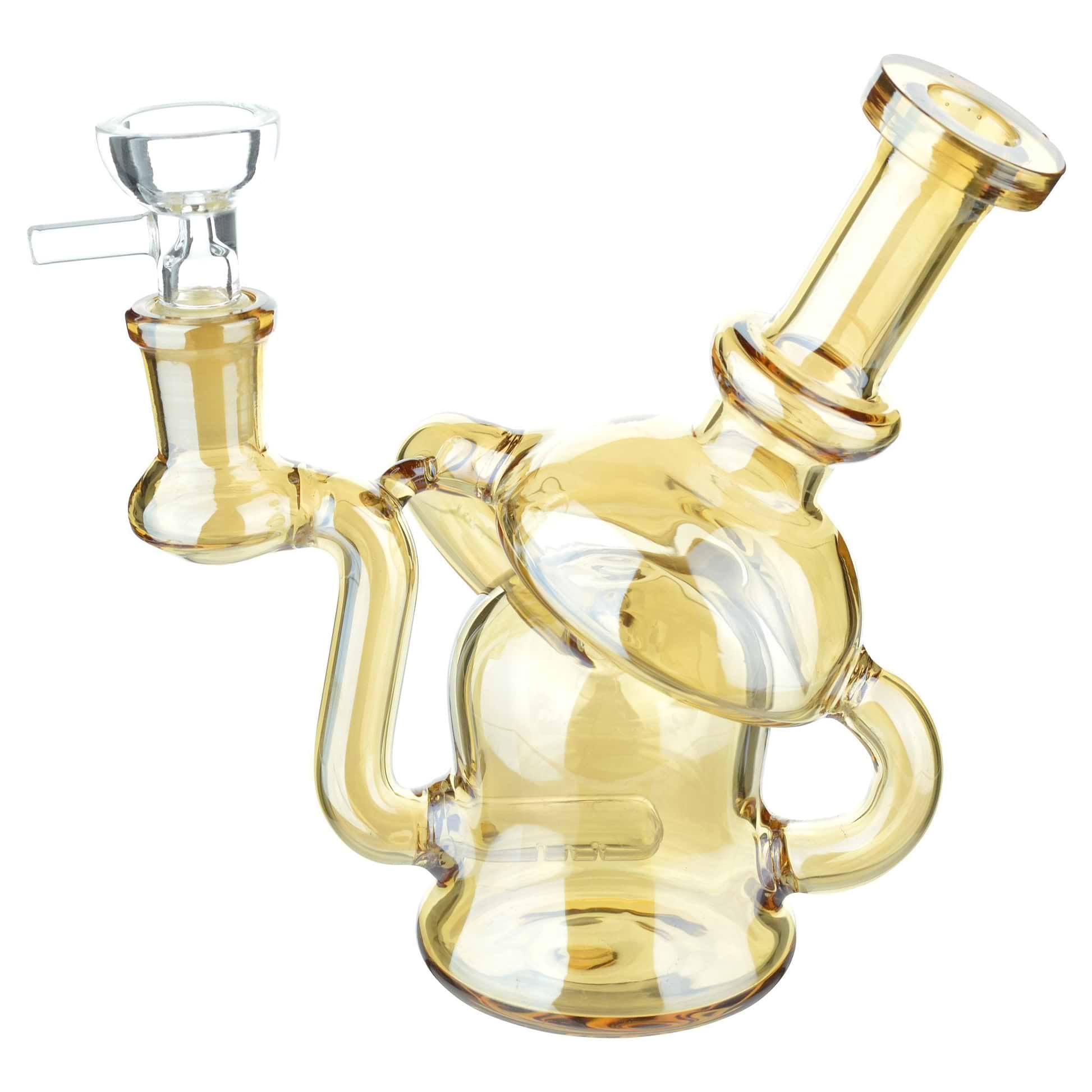 Full body shot of 6-inch glass multichambered bong smoking device mouthpiece facing right in copper color