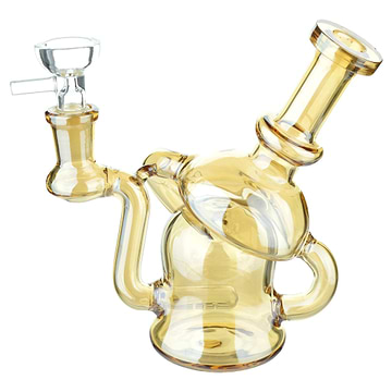 Full body shot of 6-inch glass multichambered bong smoking device mouthpiece facing right in copper color