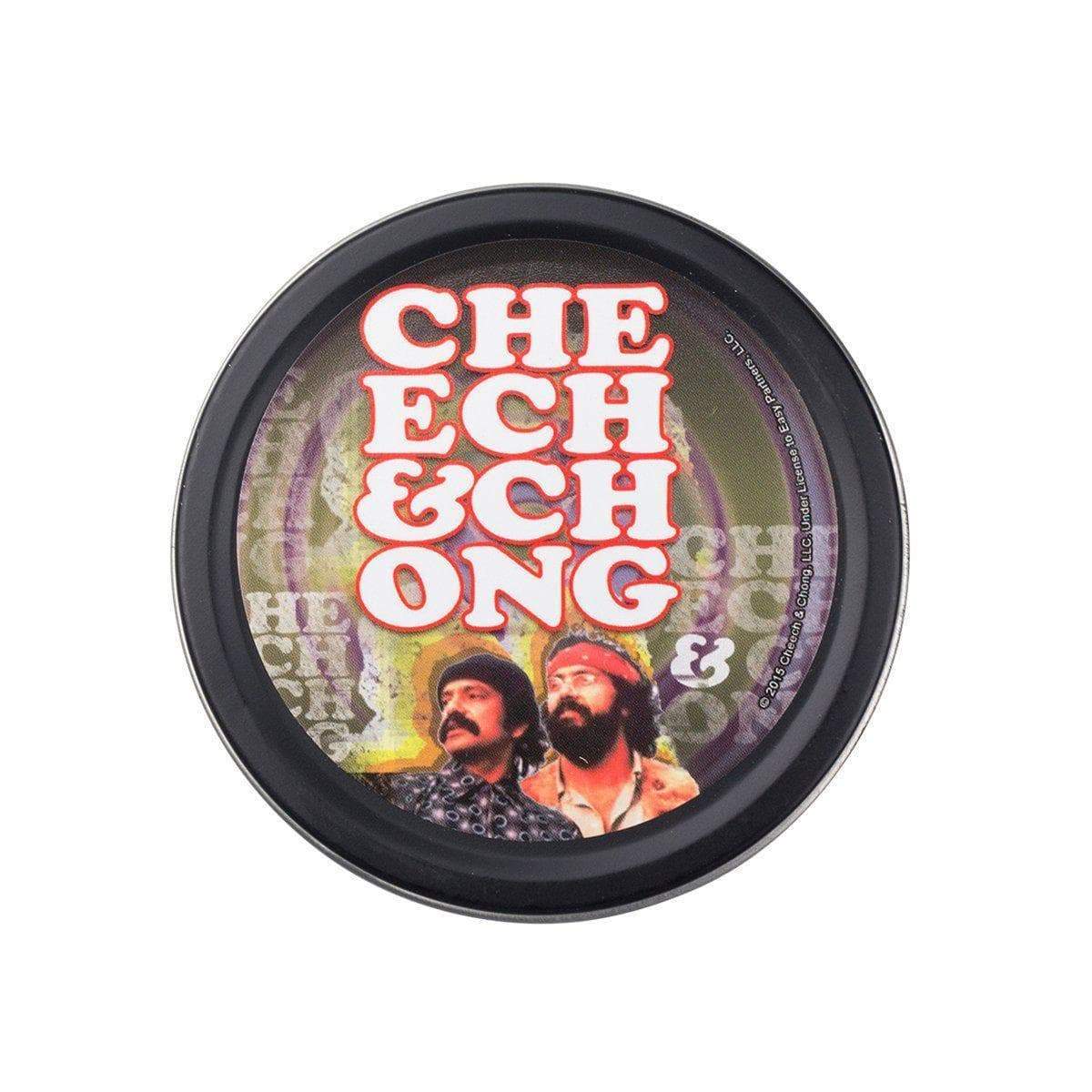Wonderful pocket-ready round stashbox small tin container with funny comedy duo Cheech and Chong design on lid vintage look