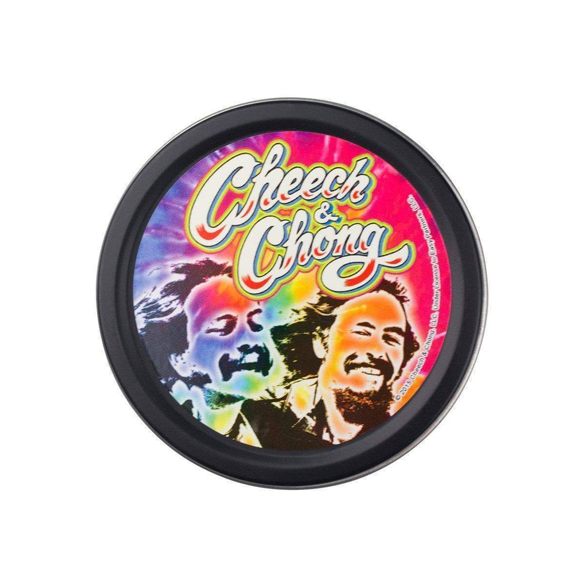Wonderful pocket-ready round stashbox small tin container with funny comedy duo Cheech and Chong design on lid vintage look