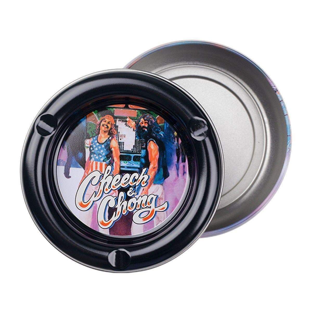 Multipurpose round stash tray plate smoking accessory in different colors with fun comedy duo Cheech n Chong designs