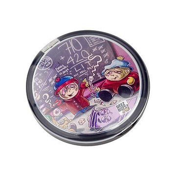 Round silicone stash container storage with clam seashell makeup compact look and South Park smoking weed design