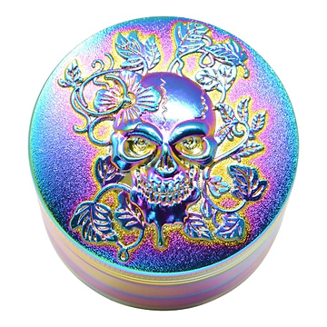 High angle full shot of shiny hologram rainbow colored 48mm metal grinder skull design closed lid