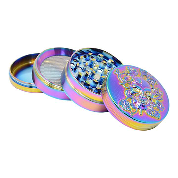 Full shot of 4 pieces shiny hologram rainbow colored 48mm metal grinder skull design
