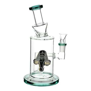 Full frontal shot of 8-inch clear glass bong with mouthpiece tilted left death star Darth Vader design in front