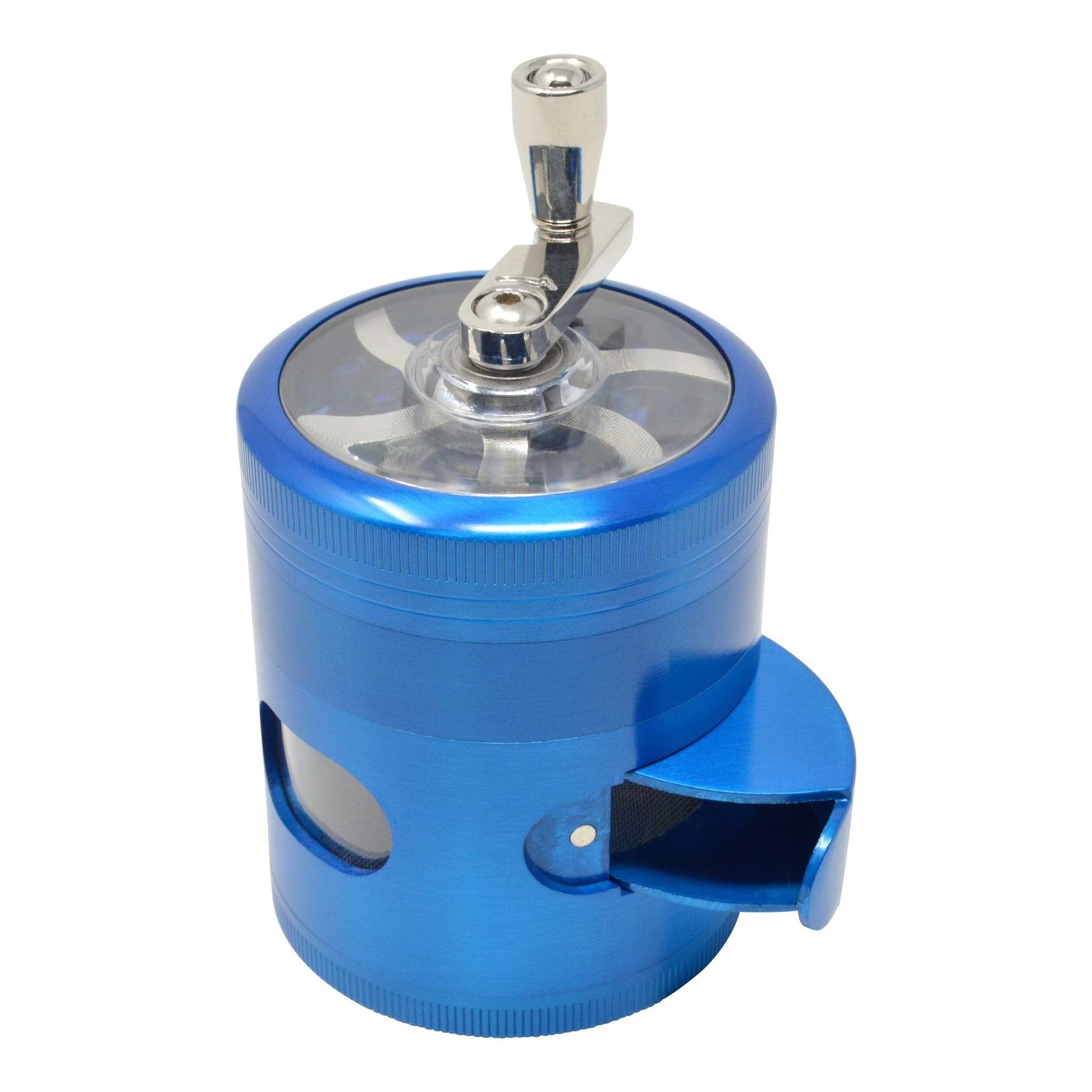 Top shot blue 56mm dub grinder mechanical sharpener look hand crank on back kief catcher opening facing front