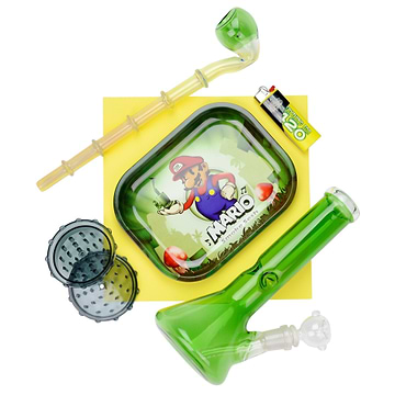 Set of dope Super Mario tray, green hazy beaker, glass hobbit pipe, 70mm plastic herb grinder, EverythingFor420 kasher lighter