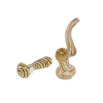 Set of elegant smoking pieces 1 glass bubbler and 1 glass spoon pipe in artistic swirling colors