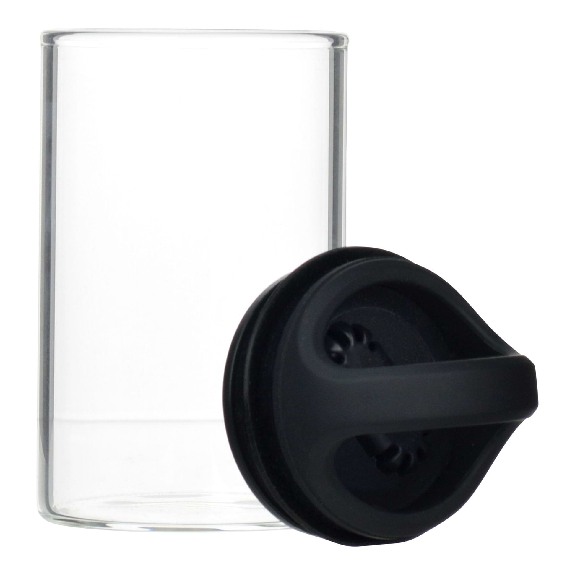 Opened Black clear glass stash jar storage container vacuum seal easy-to-carry with curved handle
