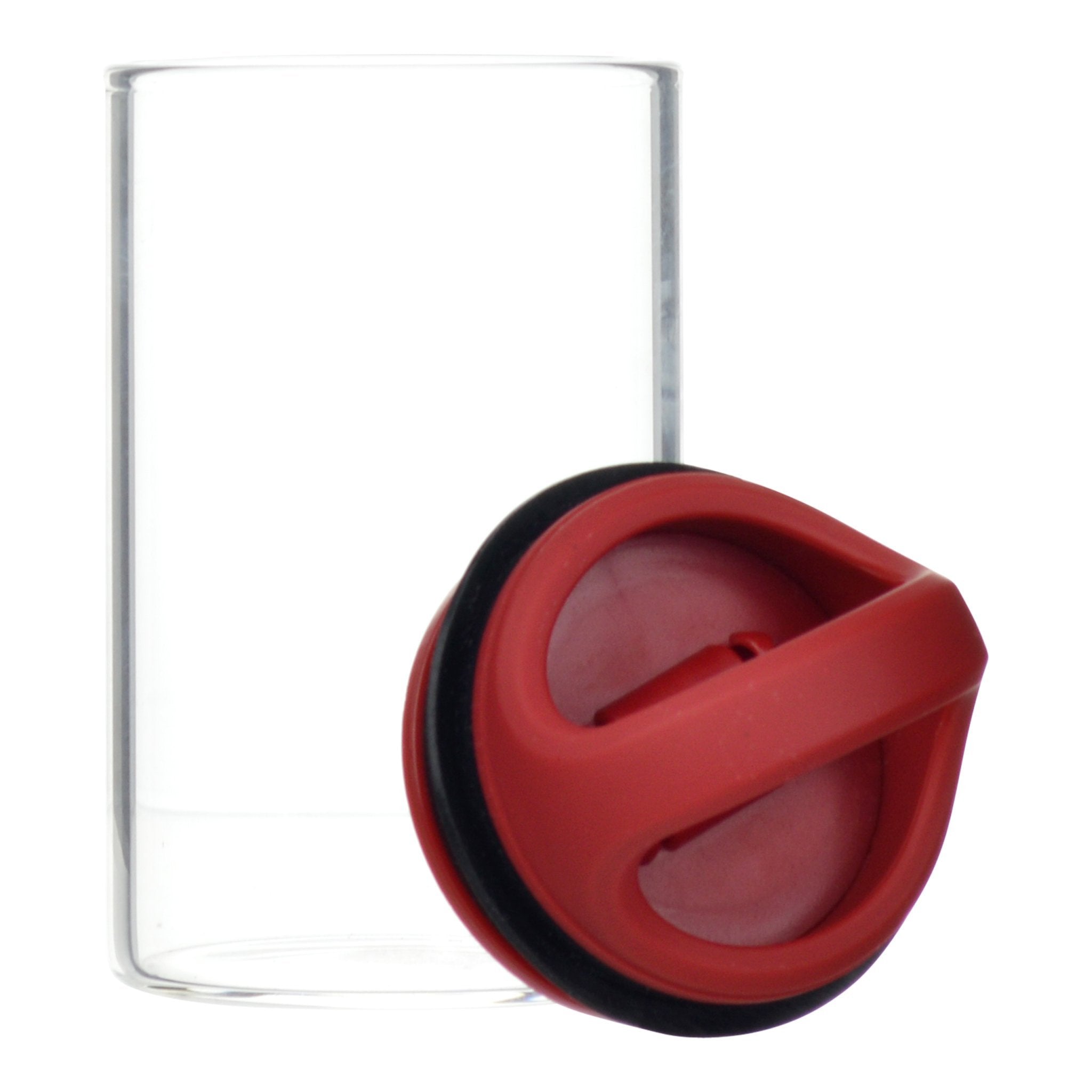 Opened Red clear glass stash jar storage container vacuum seal easy-to-carry with curved handle