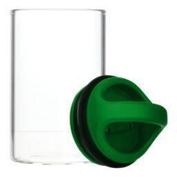 Opened Green clear glass stash jar storage container vacuum seal easy-to-carry with curved handle