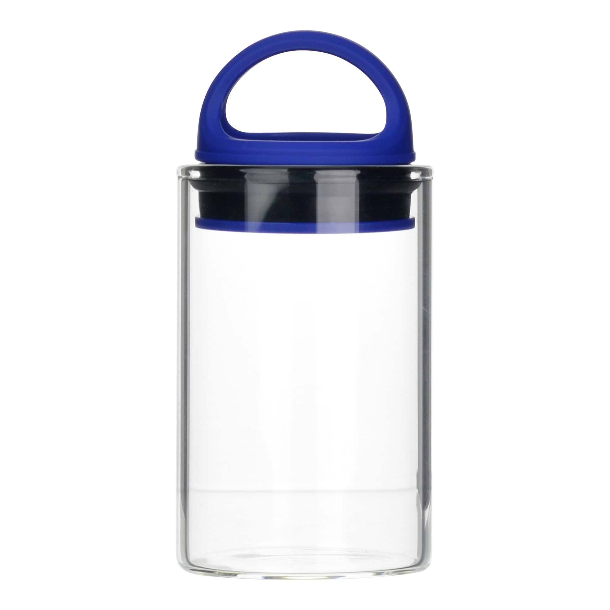 Blue clear glass stash jar storage container vacuum seal easy-to-carry with curved handle