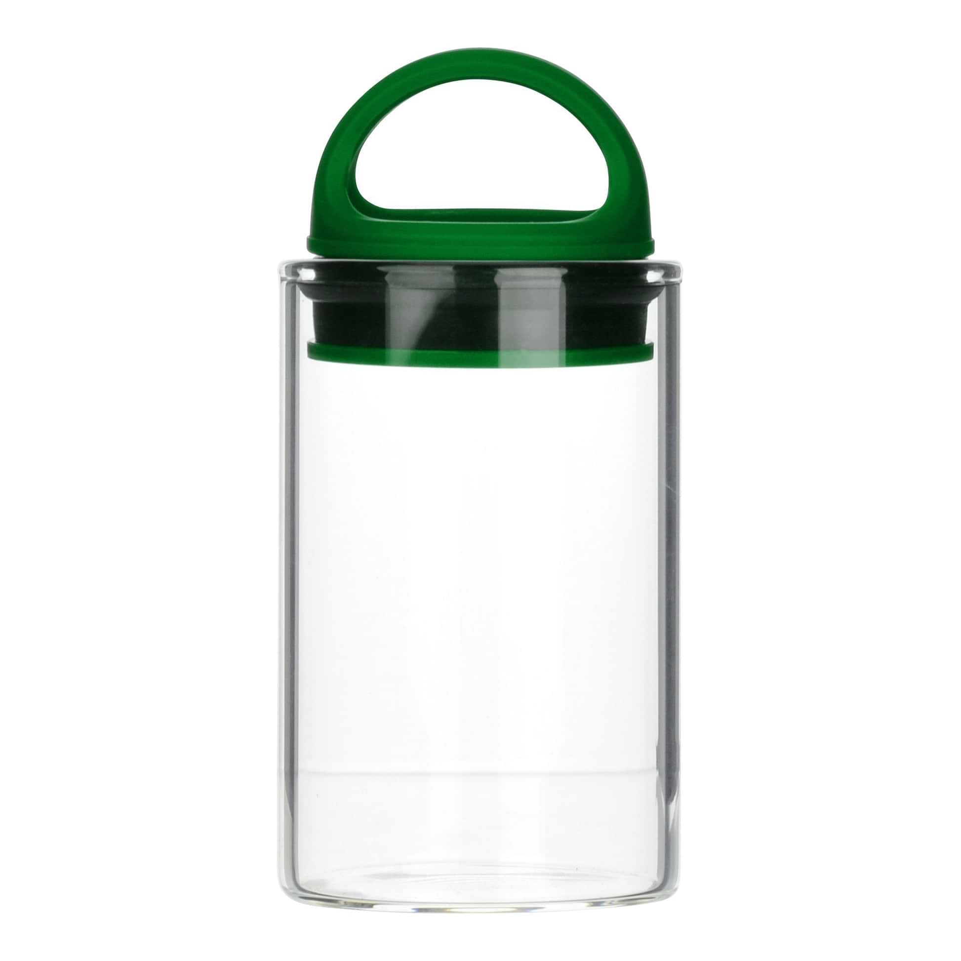 Green clear glass stash jar storage container vacuum seal easy-to-carry with curved handle