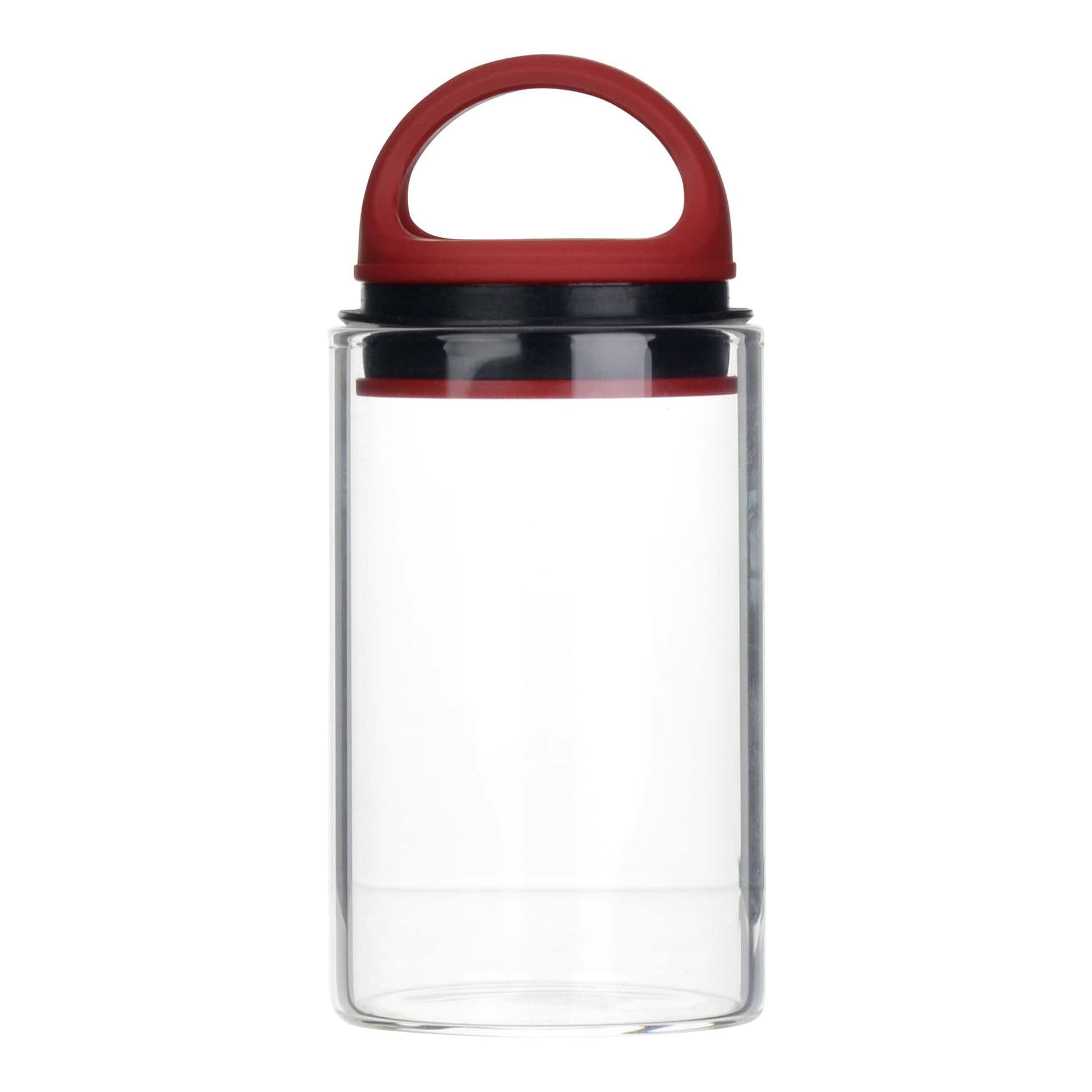 Red clear glass stash jar storage container vacuum seal easy-to-carry with curved handle