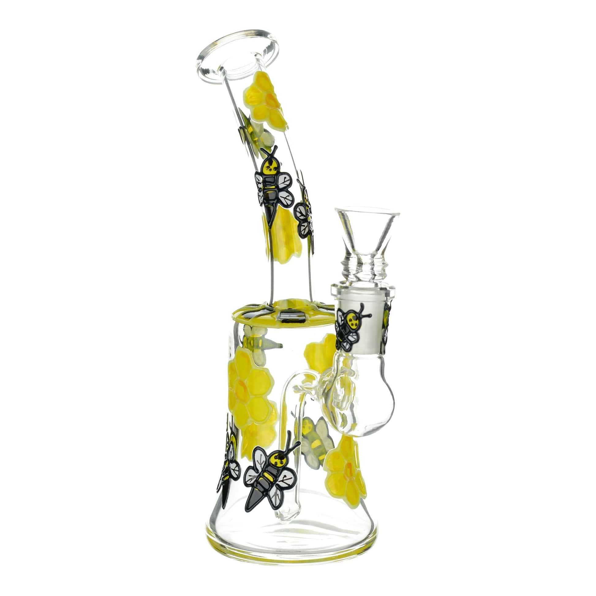Full shot glass bong yellow flowers honeybee mouthpiece facing left bowl facing right opening visible