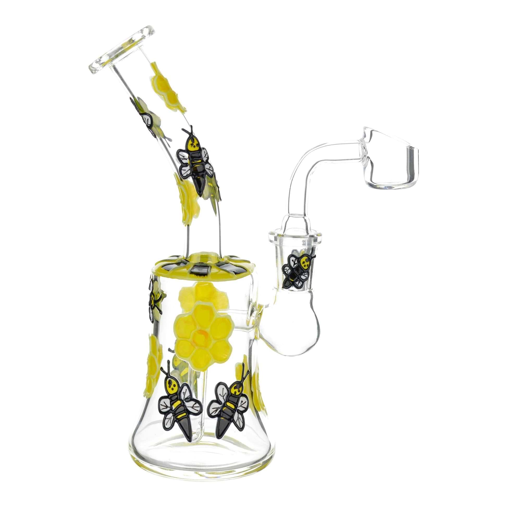 Full shot glass dab rig smoking device yellow flowers honeybee mouthpiece facing left banger facing right